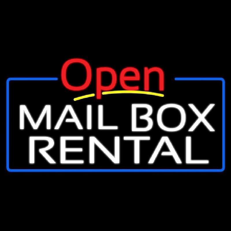 Block Mail Bo  Rental Blue Border With Open 4 Neon Sign