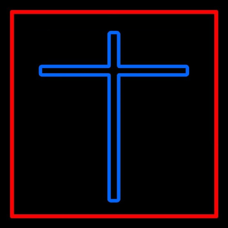 Blue Christian Cross Red Border Neon Sign