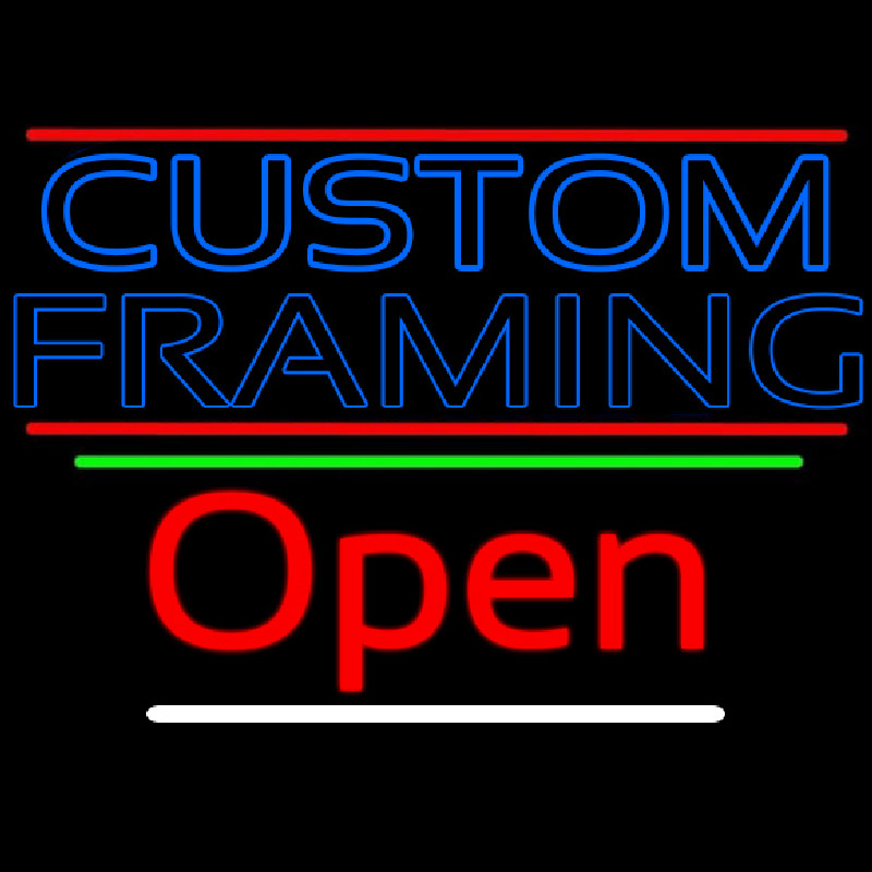 Blue Custom Framing With Lines With Open 3 Neon Sign