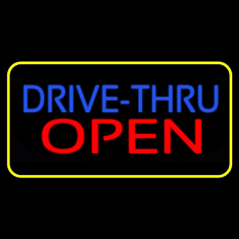 Blue Drive Thru Red Open Yellow Border Neon Sign