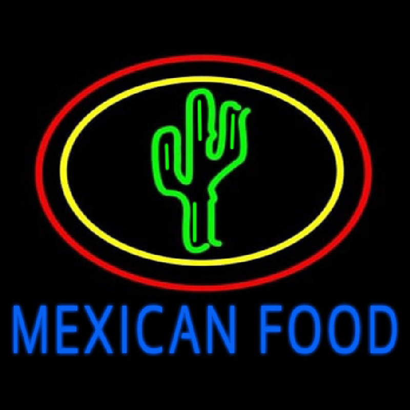 Blue Mexican Food With Cactus Logo Neon Sign