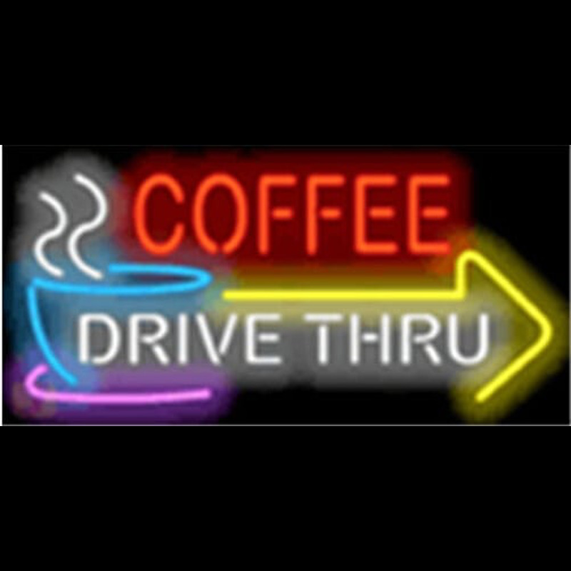 Coffee Drive Thru with Right Arrow Neon Sign