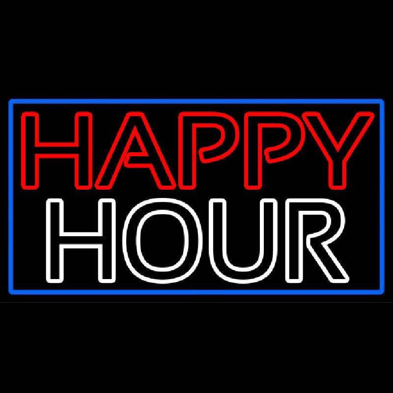 Double Stroke Happy Hour With Blue Border Neon Sign