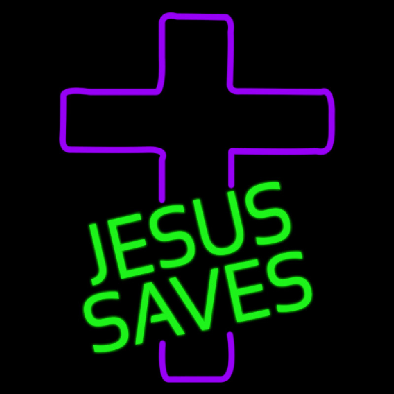 Green Jesus Saves Purple Cross Neon Sign