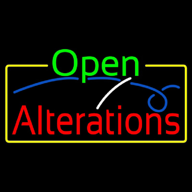 Green Open Red Alterations Yellow Border Neon Sign