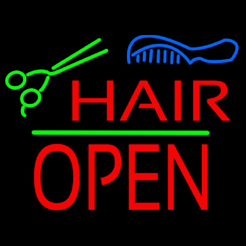 Hair Scissors Comb Block Open Green Line Neon Sign