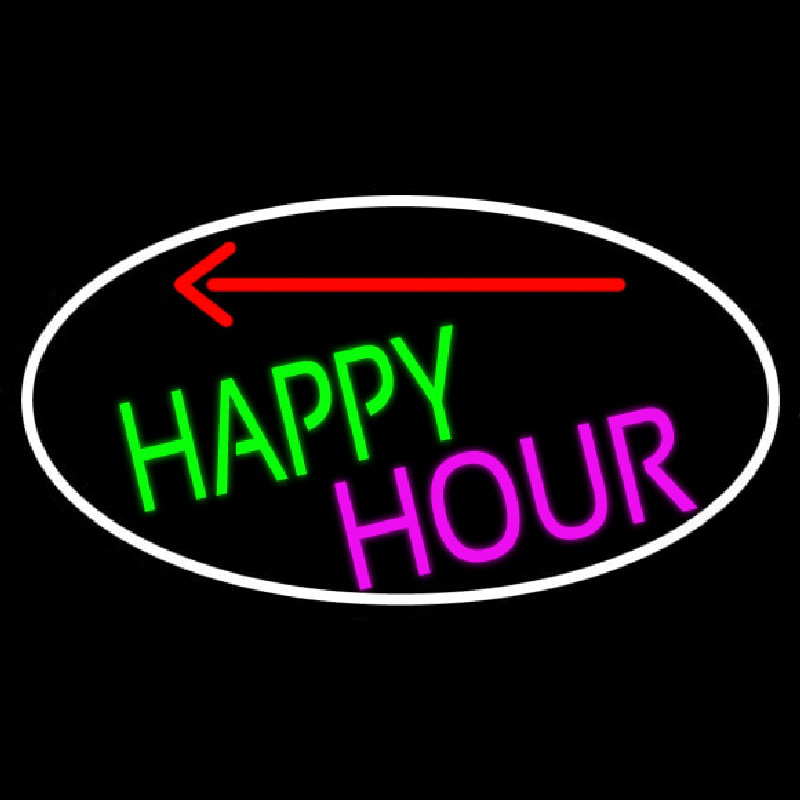 Happy Hour And Arrow Oval With White Border Neon Sign