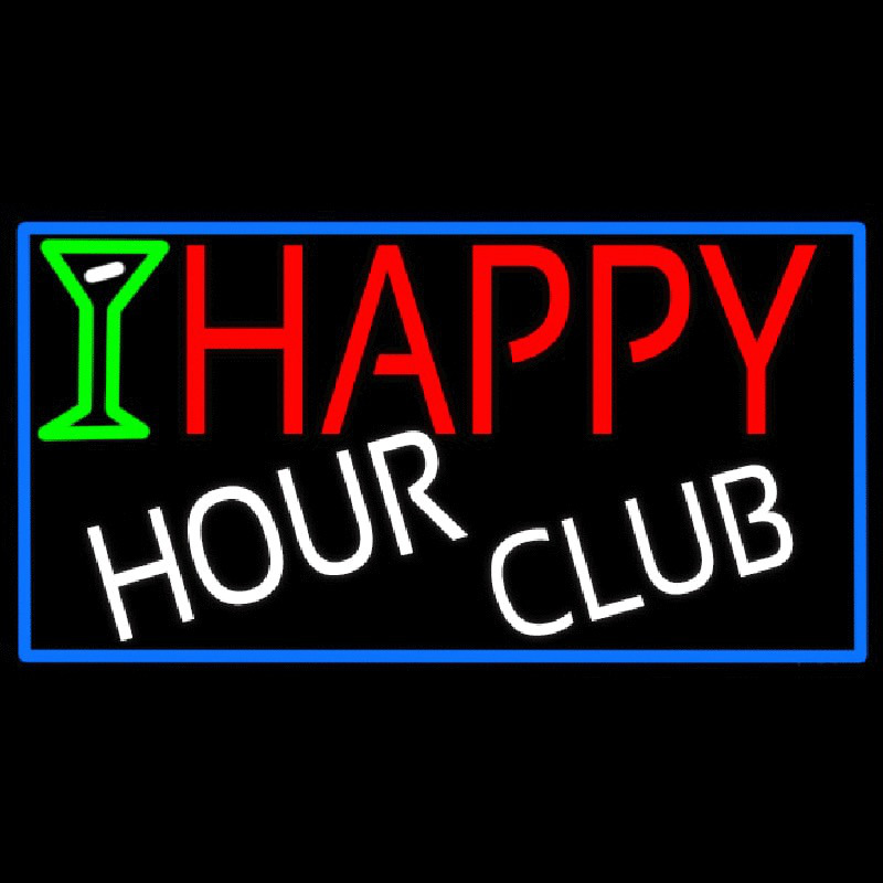 Happy Hour Club With Blue Border Neon Sign