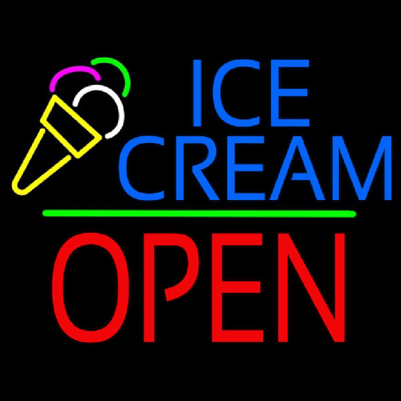 Ice Cream Logo Block Open Green Line Neon Sign