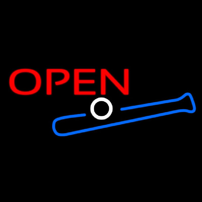 Open In Bright Red With Blue Bat And White Ball Neon Sign