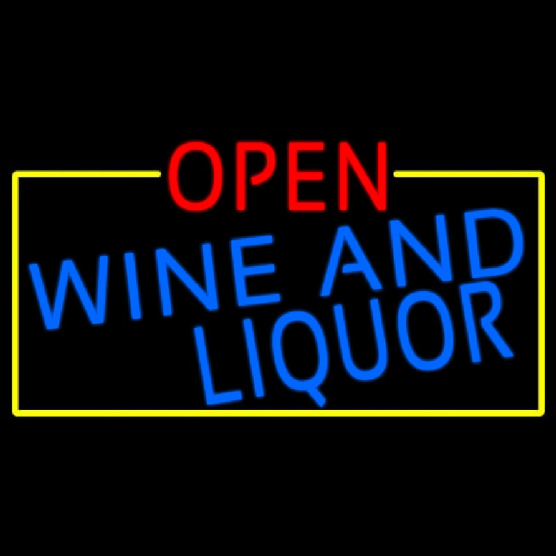 Open Wine And Liquor With Yellow Border Neon Sign