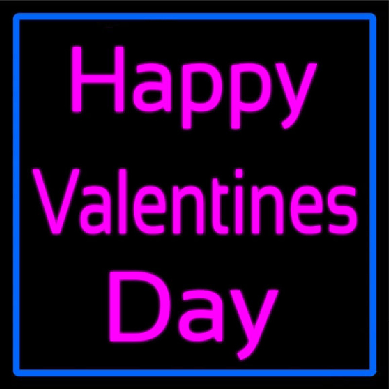 Pink Cursive Happy Valentines Day With Blue Border Neon Sign