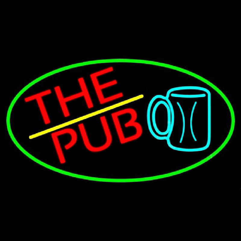 Pub And Beer Mug Oval With Green Border Neon Sign