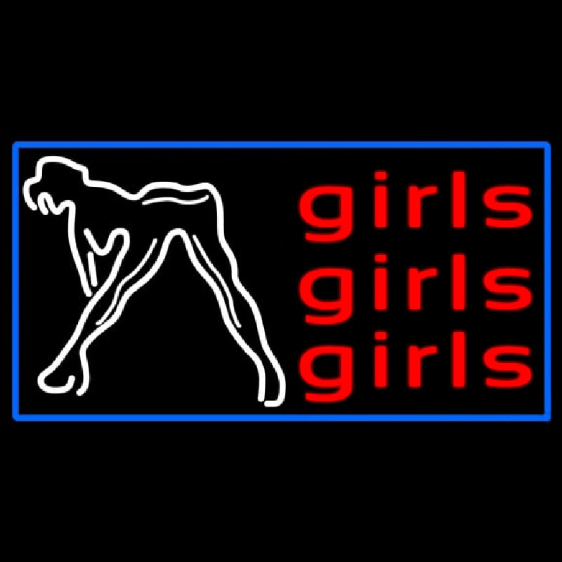 Red Girls Girls Girls Strip Club With Blue Border Neon Sign