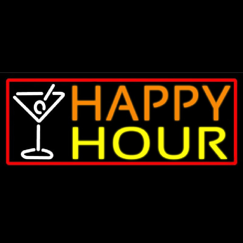 Red Happy Hour And Wine Glass With Red Border Neon Sign