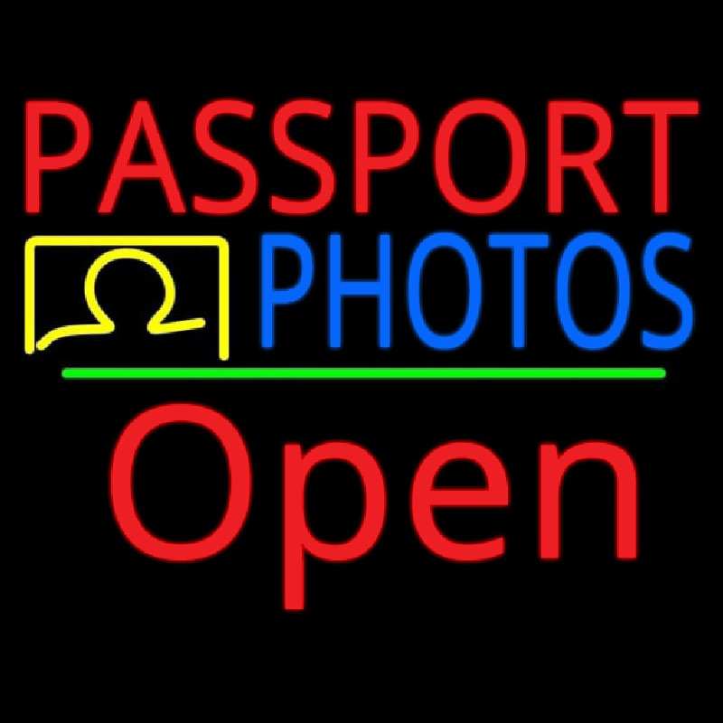 Red Passport Blue Photos With Open 2 Neon Sign
