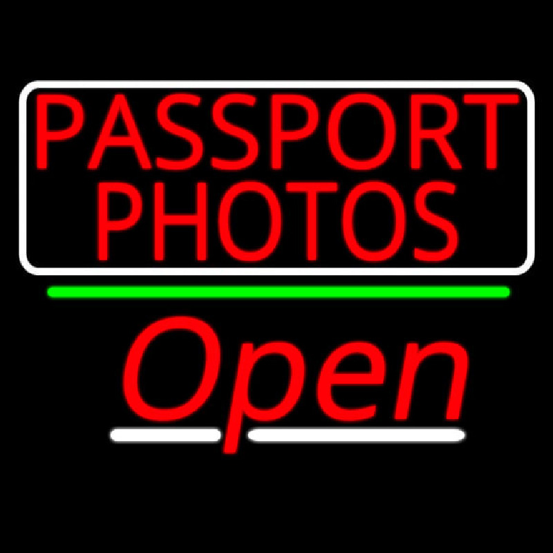 Red Passport Photos With Open 3 Neon Sign