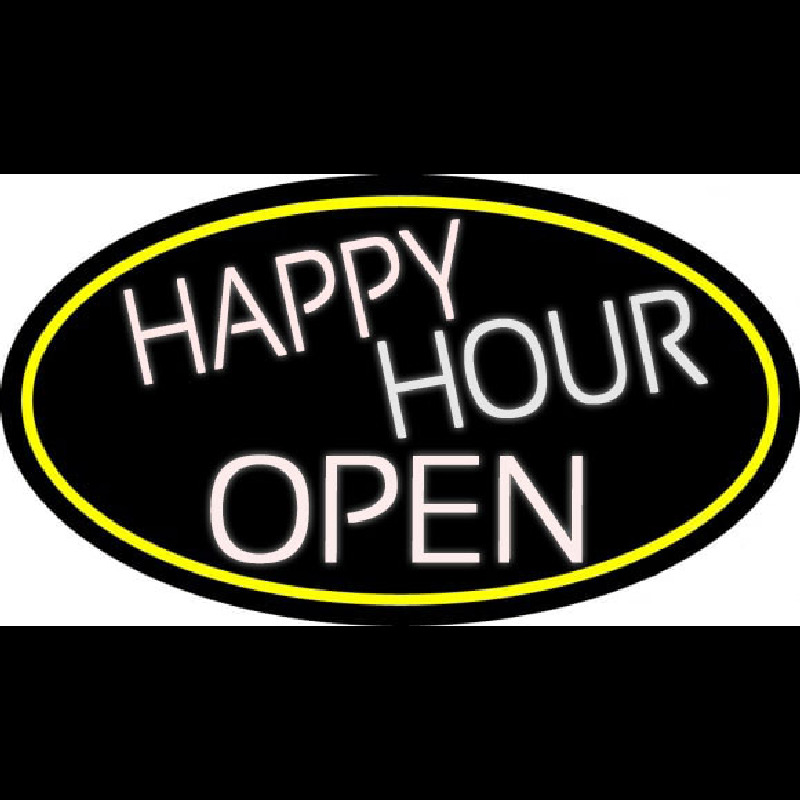 White Happy Hour Open Oval With Yellow Border Neon Sign