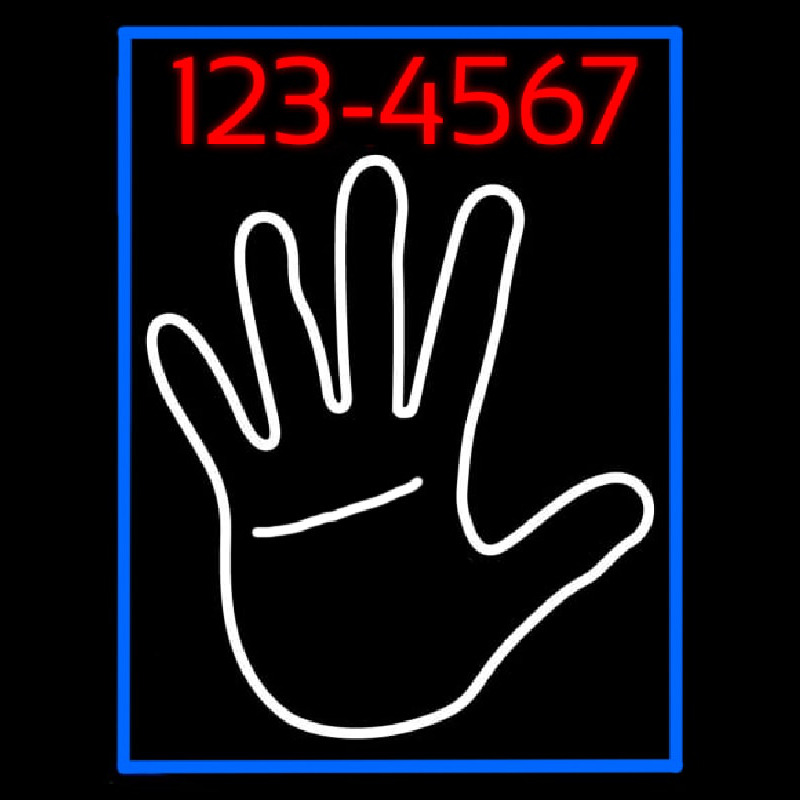 White Palm With Phone Number Blue Border Neon Sign