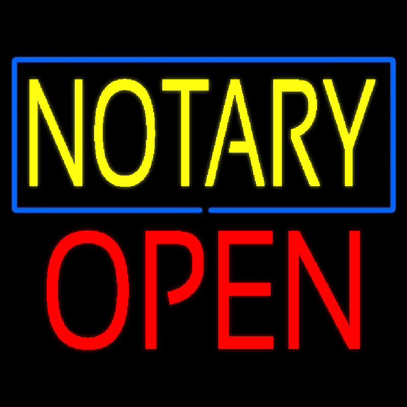 Yellow Notary Blue Border Block Open Neon Sign