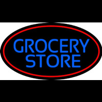 Blue Grocery Store With Red Oval Neon Sign