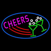 Cheers With Wine Glass Oval With Blue Border Neon Sign