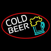 Cold Beer And Beer Mug Oval With Red Border Neon Sign