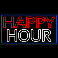 Double Stroke Happy Hour With Blue Border Neon Sign