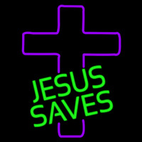 Green Jesus Saves Purple Cross Neon Sign