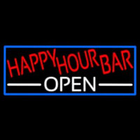 Happy Hour Bar Open With Blue Border Neon Sign