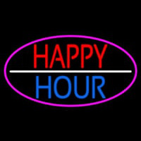 Happy Hour Oval With Pink Border Neon Sign