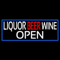 Liquor Beer Wine Open With Blue Border Neon Sign