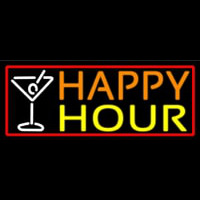 Red Happy Hour And Wine Glass With Red Border Neon Sign
