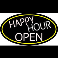 White Happy Hour Open Oval With Yellow Border Neon Sign