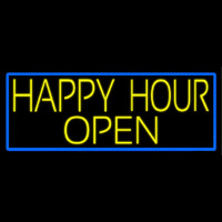 Yellow Happy Hour Open With Blue Border Neon Sign