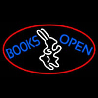 Blue Books With Rabbit Logo Open With Red Oval Neon Sign